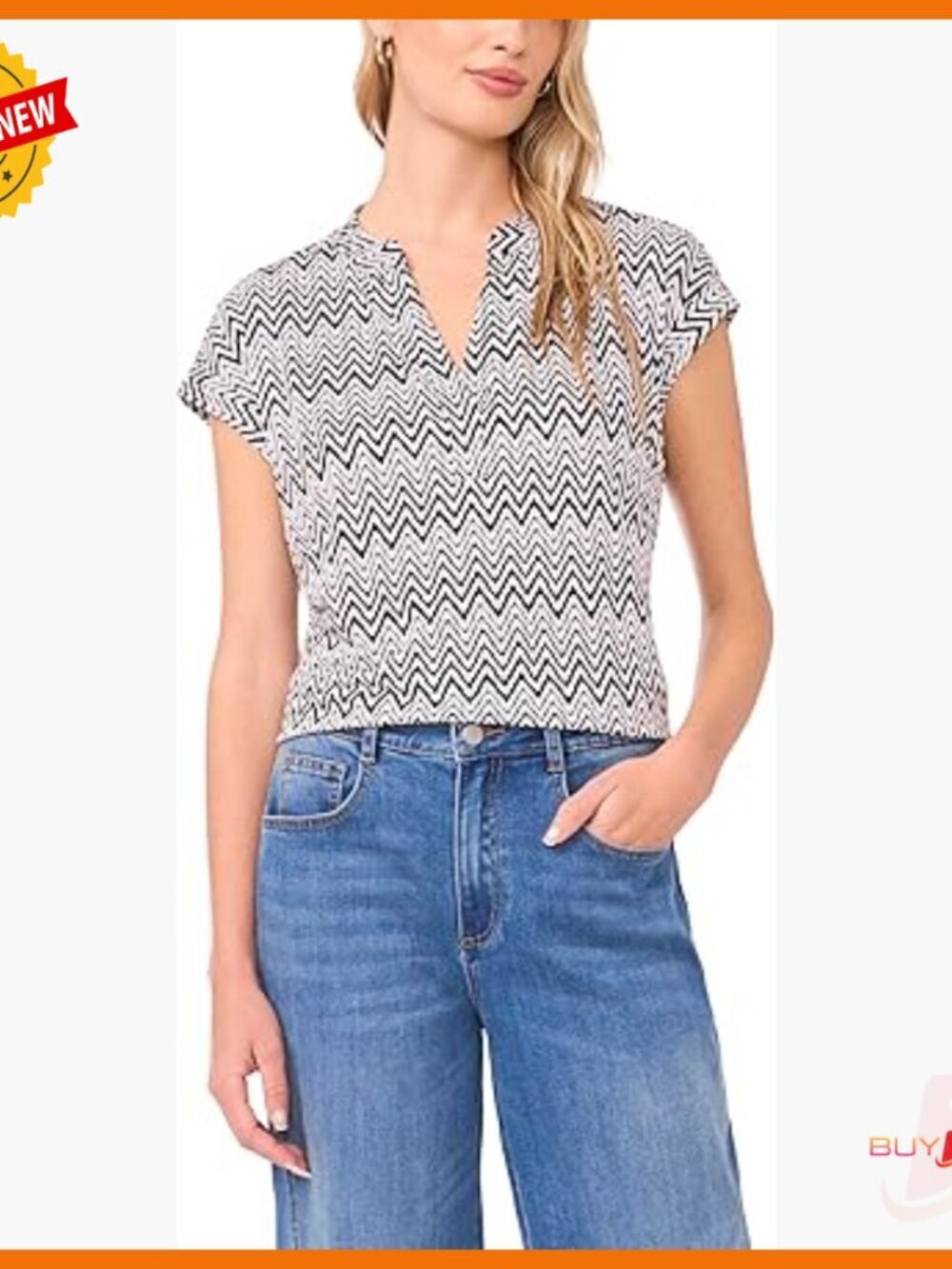 V-Front Placket Short Sleeve Blouse, Zig Zag Pattern, Cotton Blend